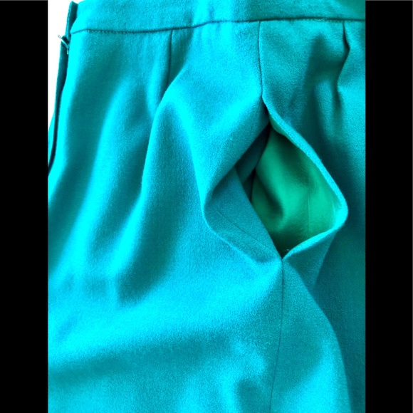 VTG 80s Black Velvet trim peplum jacket & mini skirt 10P worsted wool crêpe teal - Picture 16 of 16
